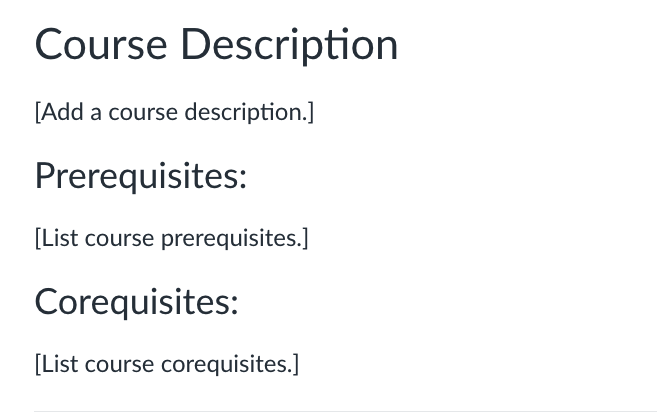 Course Description section of the syllabus with placeholders for a description, prerequisites, and corequisites.