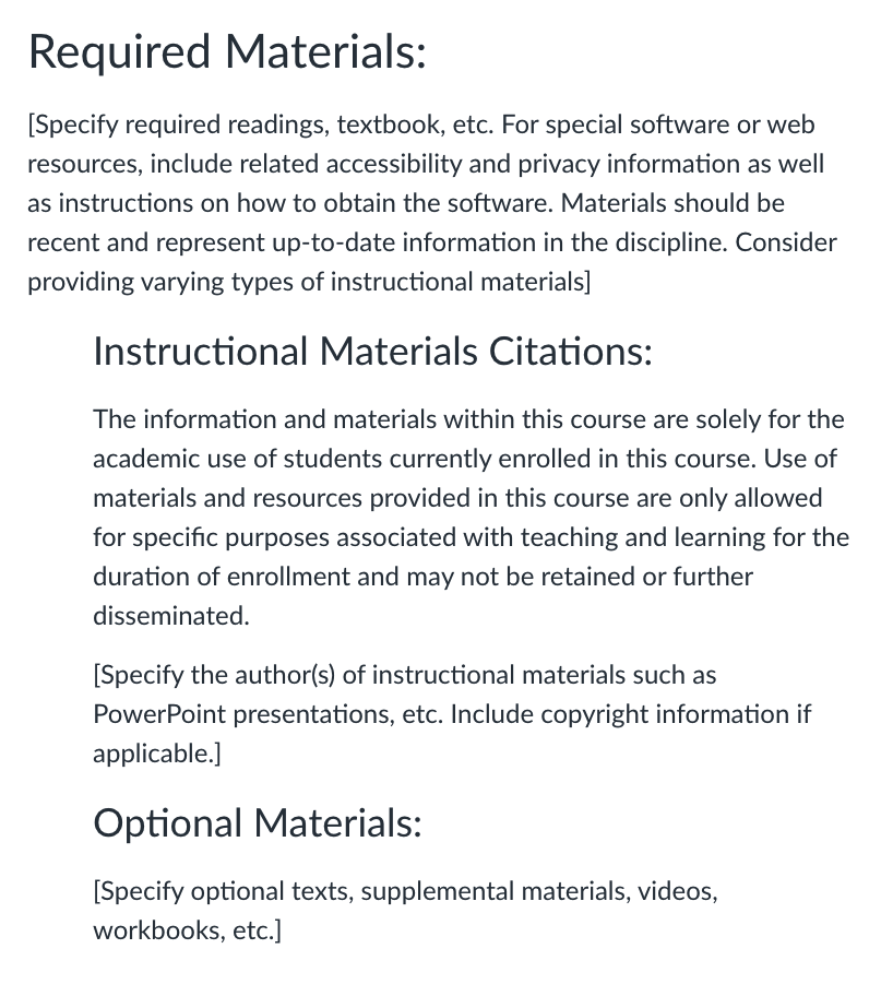 Required materials section with placeholders detailing what faculty should include.