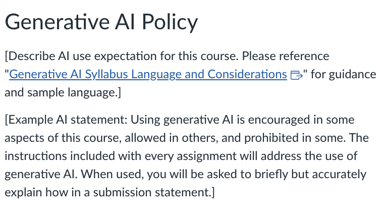 Generative AI Policy section of syllabus with a link to a Generative AI Syllabus Language and Considerations PDF.