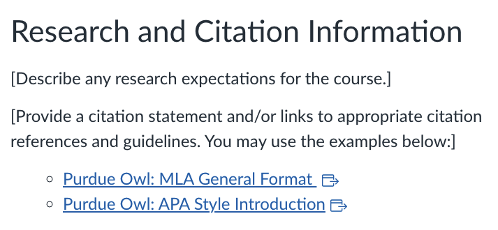 Research and Citation Information section of the syllabus with links to the Purdue Owl MLA and APA guidelines.