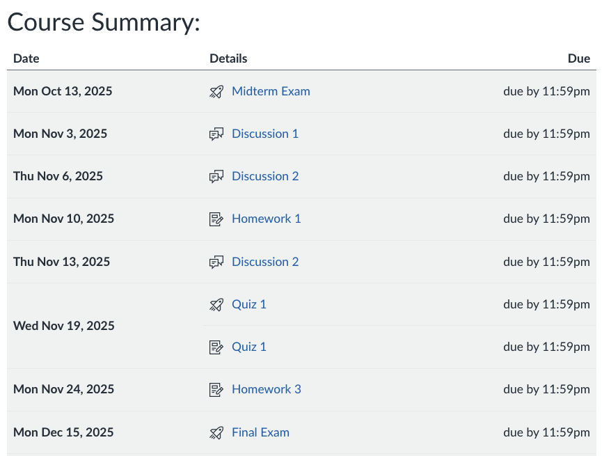 Course Summary section of the syllabus showing a list of assignments with their due date, details, and time due.