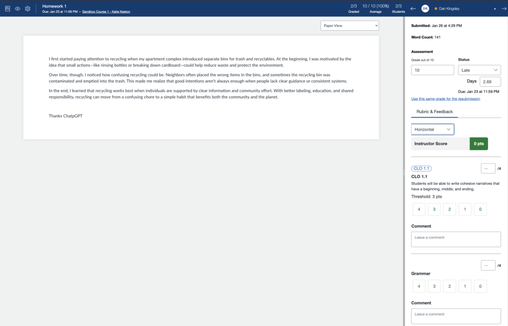 A screenshot of a Student Submission in SpeedGrader with the submission on the left, and a place for the instructor to score and provide feedback using Rubric Criteria on the right.