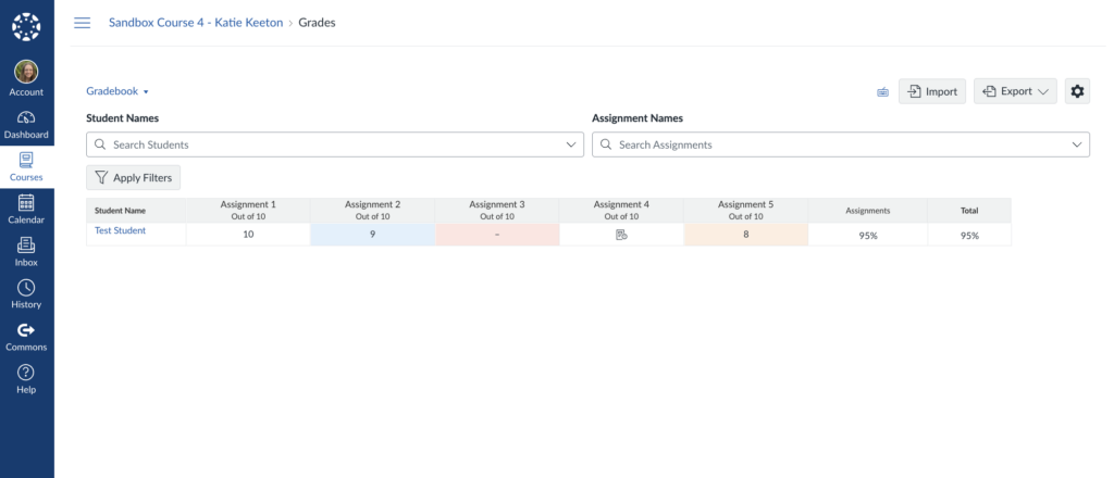 Screenshot of an Instructor's view of the Canvas Gradebook showing the different colors indicating a submissions status.