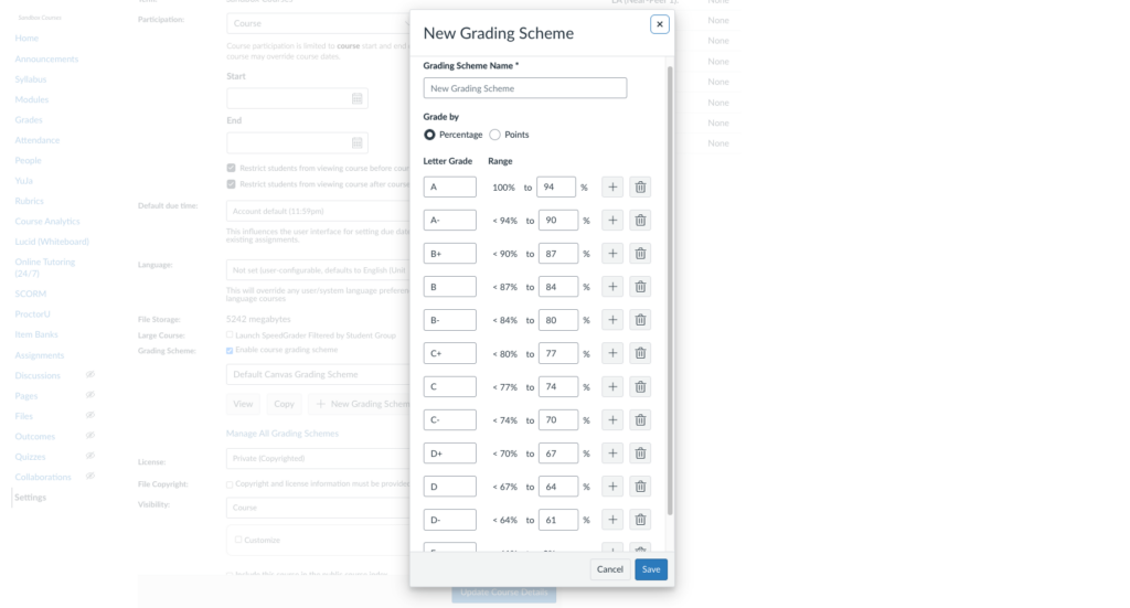 Canvas “New Grading Scheme” dialog showing letter grade ranges mapped to percentage values for calculating final grades.
