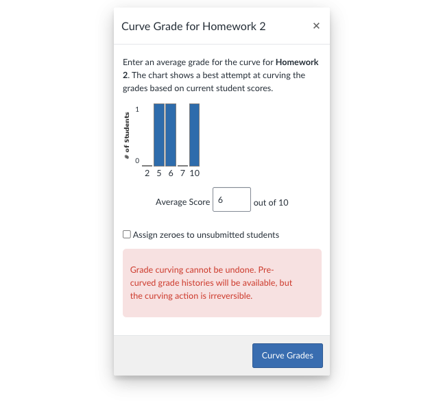 View of the Curve Grade settings for an assignment with a bar graph showing one student will score 5, one will score 6, and one will score 10 with the average score set at 6.
