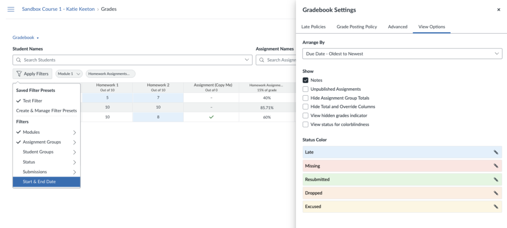 Gradebook settings showing a drop-down menu on the left with different filter and a panel on the right with view options such as arrange by, show options, and status color.