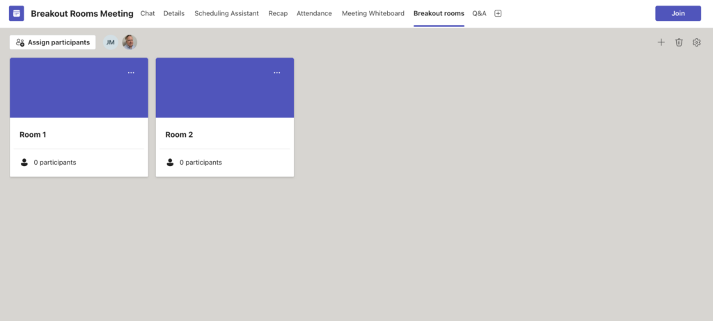 View of Breakout Rooms setting page with two breakout rooms created.
