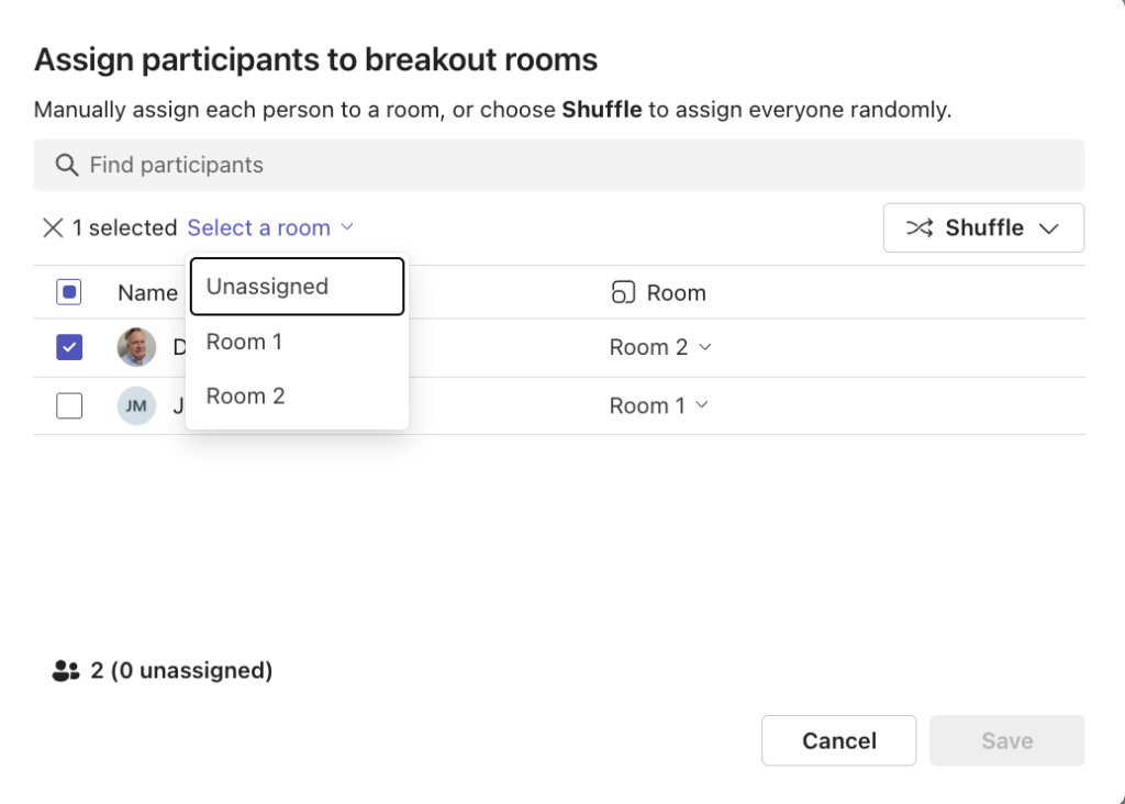 View of the Breakout Rooms Assignment pop-up with a list of participants and their room assignment to the right.