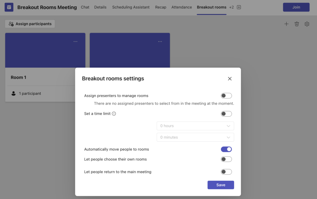 View of Breakout Rooms settings pop-up from the Settings page of the meeting, showing toggles for different settings.