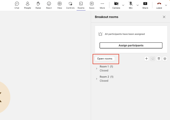 View of the Rooms panel from the meeting with a red square around the Open Rooms button.