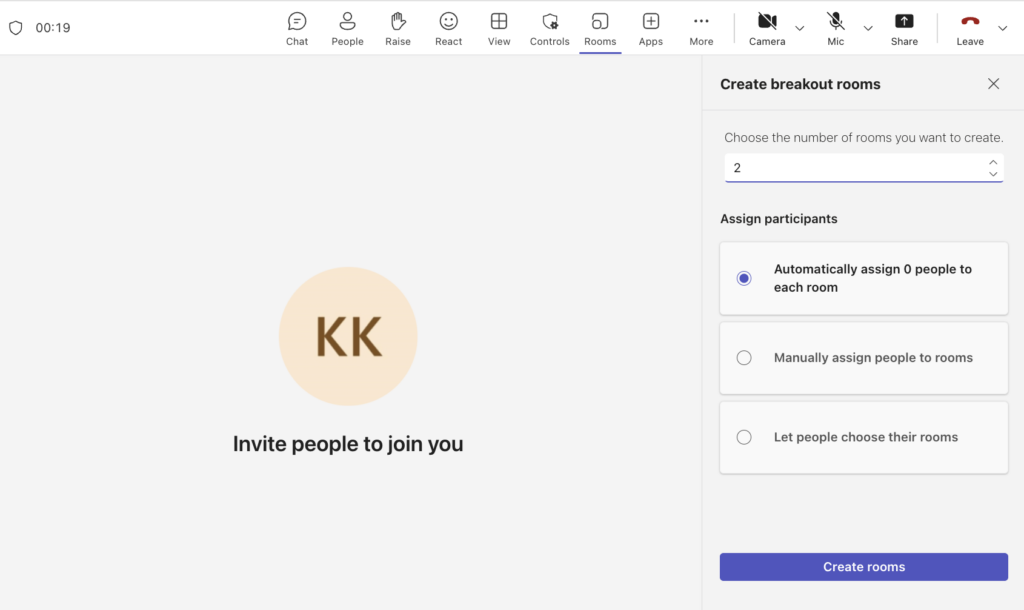 View of a Teams Meeting with the Create Breakout Rooms pop-up window to the right.
