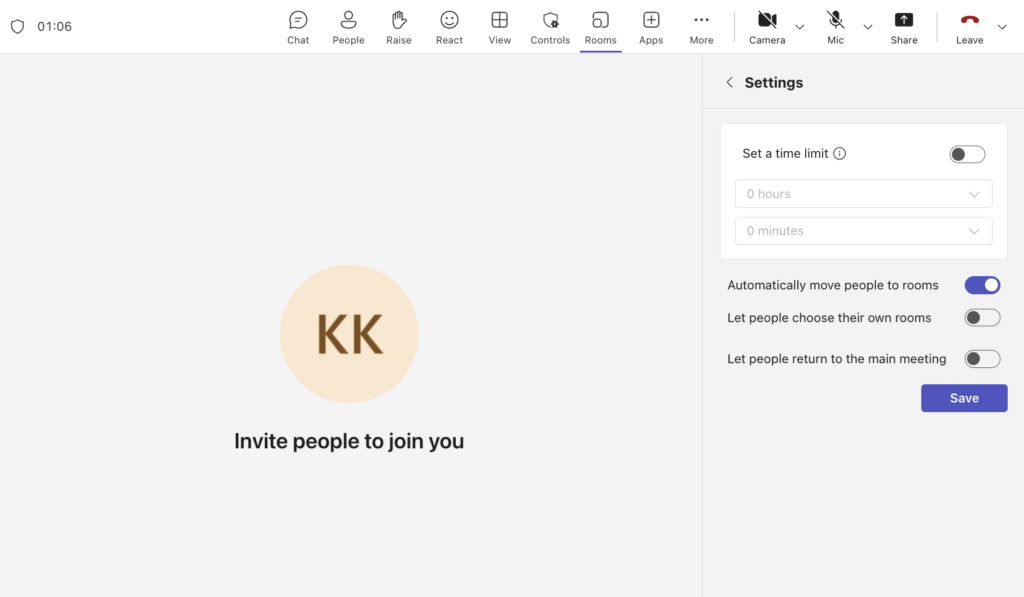 View of a Teams Meetings showing the Breakout Rooms settings pop-up window to the right.