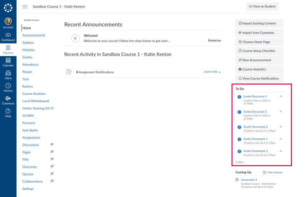 Screenshot of the Home screen of a Canvas Course, with a box around the To Do list of assignments that need grading.