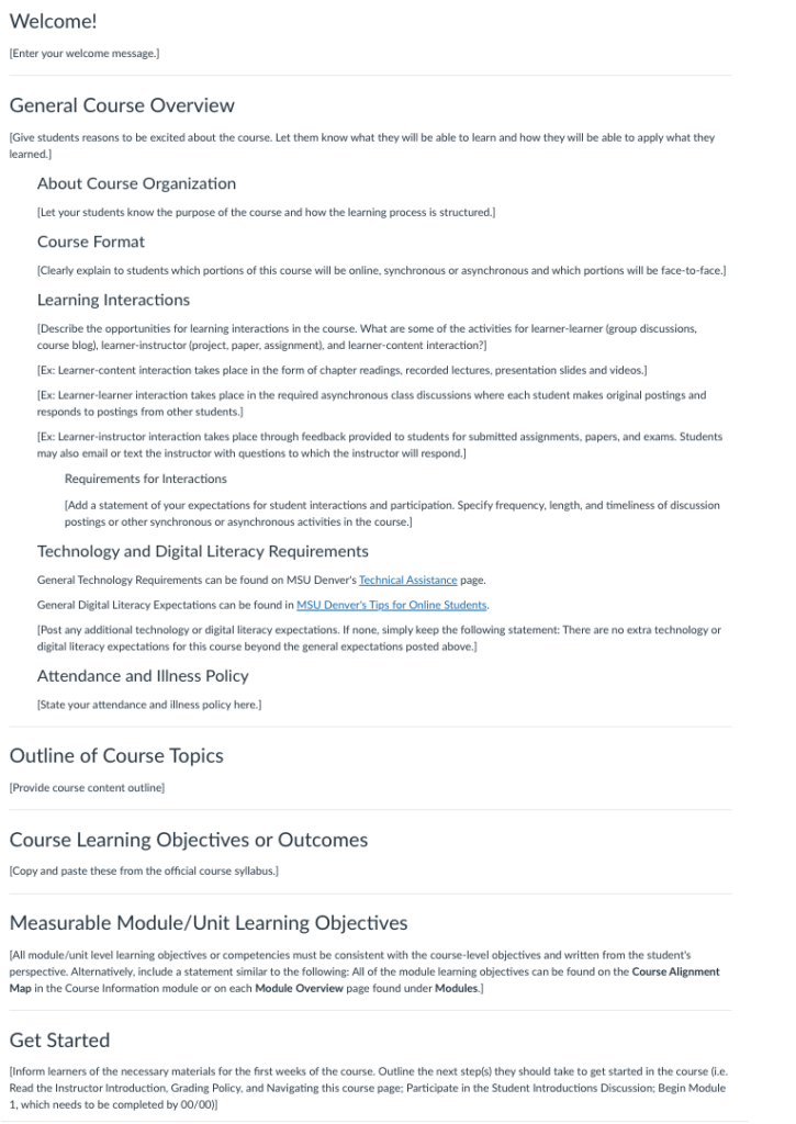 Overview Template including headers and bracketed information describing what should be entered in each section.