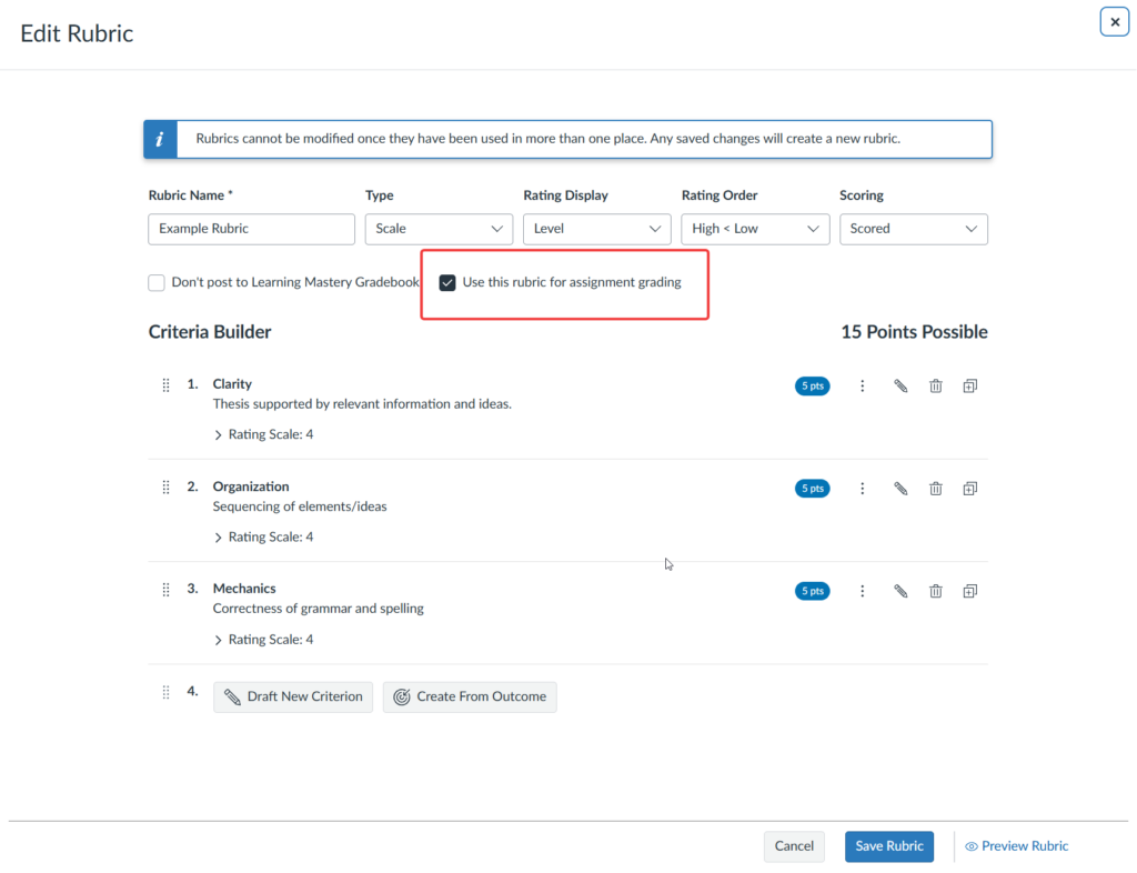 Screen shot of Canvas Rubric options with "Use this rubric for grading" checked.