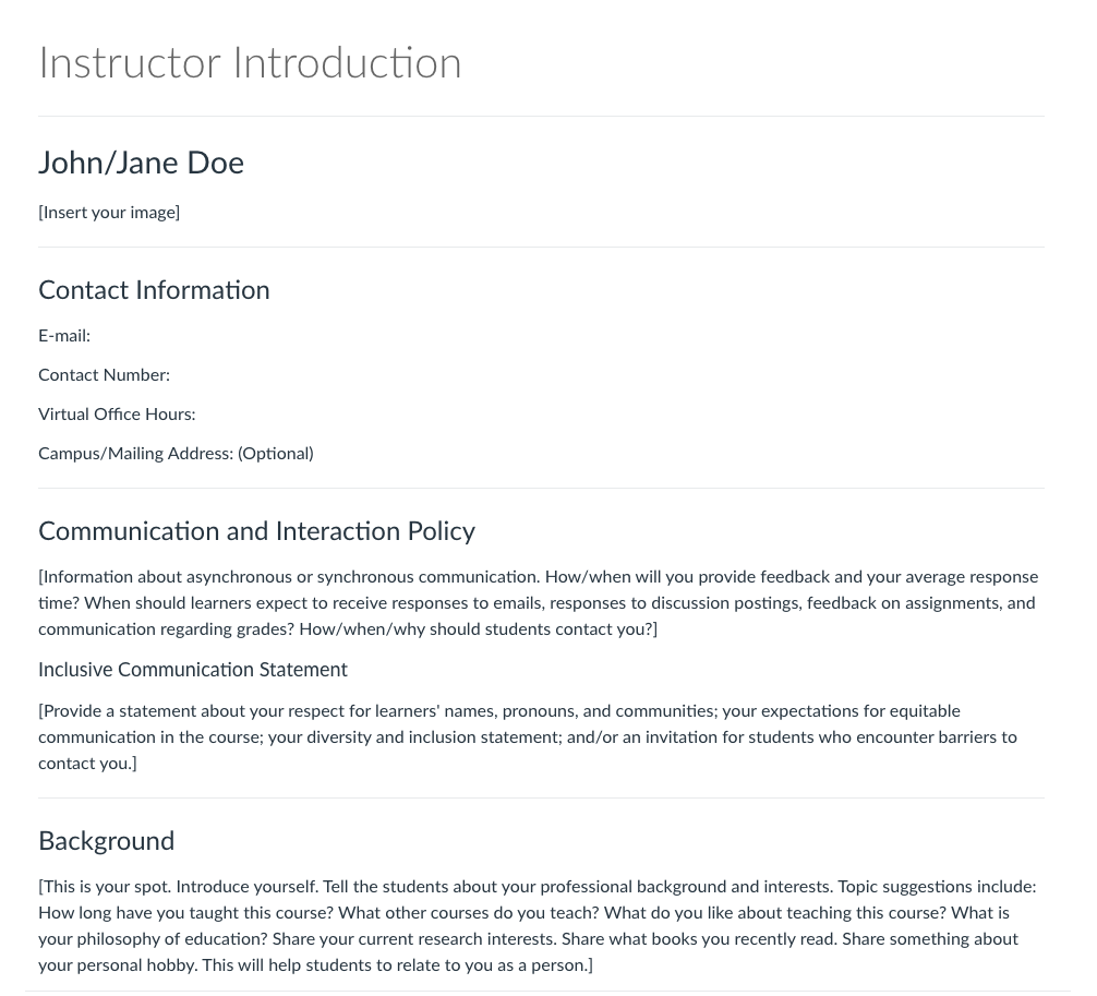 Instructor Introduction template with bracketed information describing what to enter under each Header.
