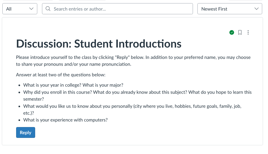 Discussion: Student Introduction asking students to answer at least 2 of 4 general questions about themselves.