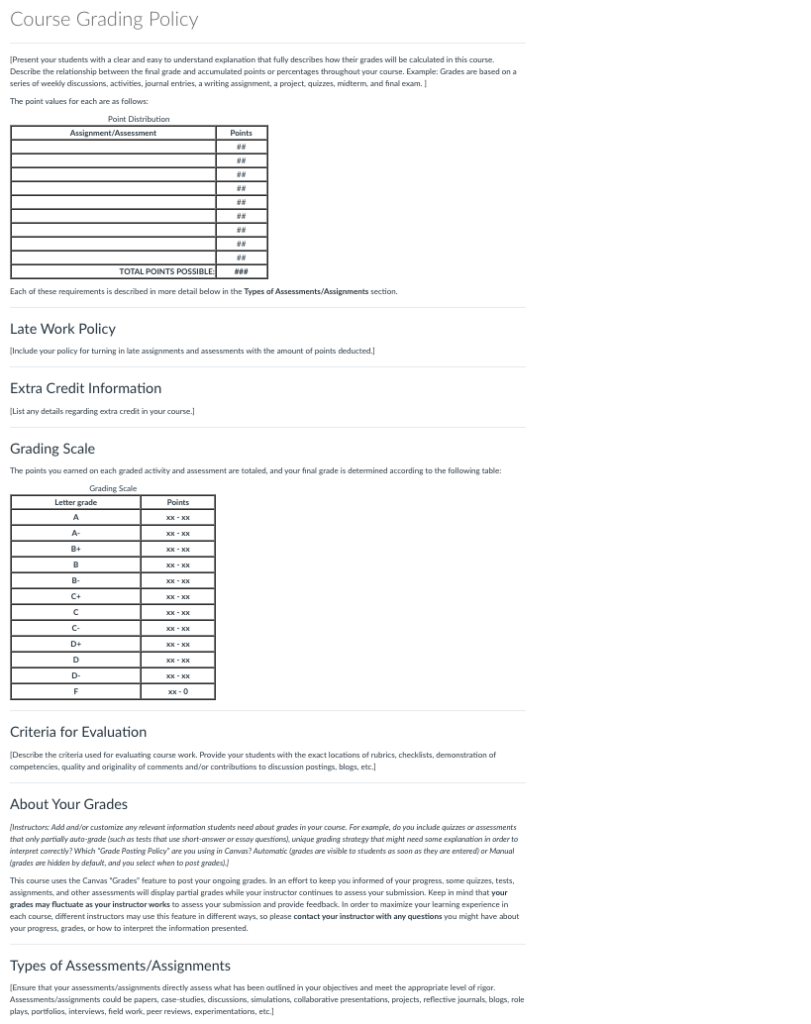 Course Grading Policy template with headings, tables to fill out, and bracketed information detailing what to enter in each section.