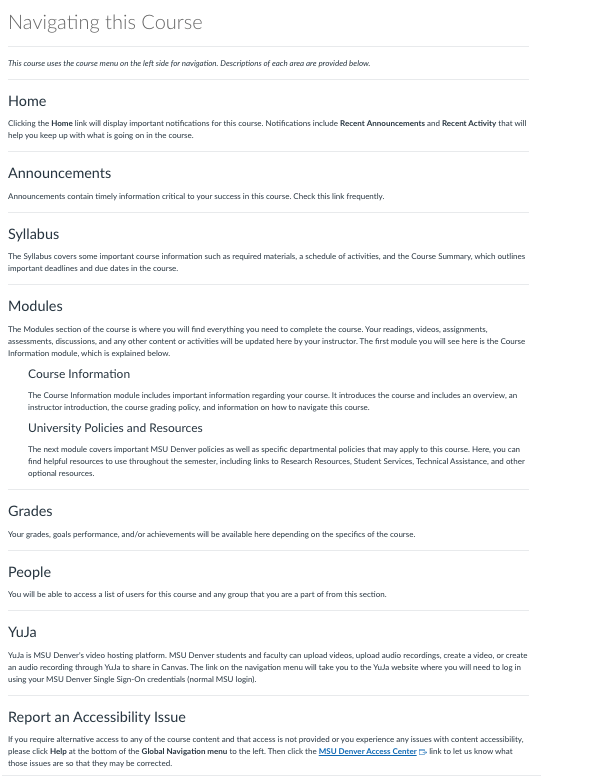 Navigation this Course Page with headings and text explaining how to navigate to and use different parts of a Canvas course.