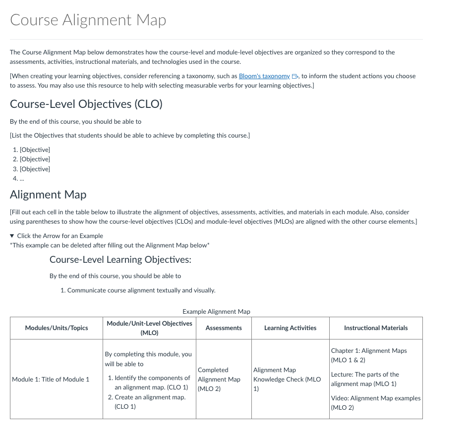 Course Alignment Map template with a section to enter Course-Level Objectives and an example Alignment Map table.