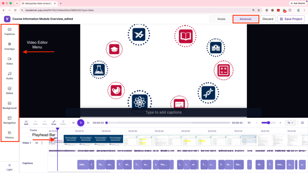 The YuJa Video Editor Screen with a red box around the Advanced button at the top right, and labels for the Video Editor menu and the Playhead Bar.