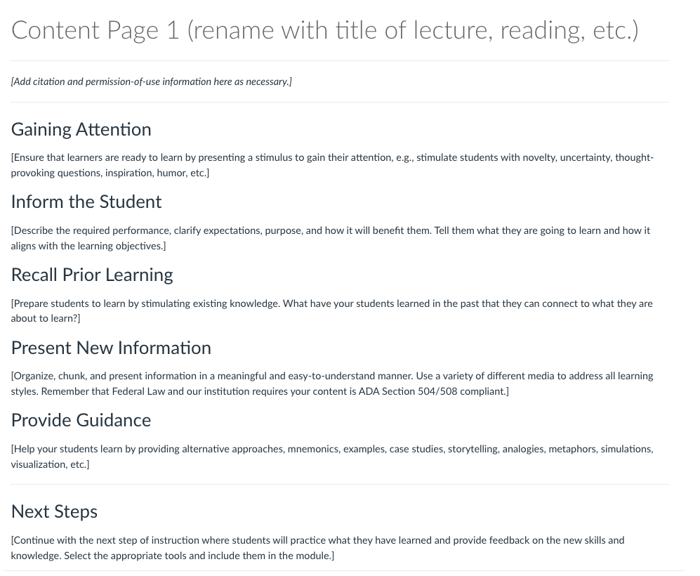 Content Page 1 Page template with sections: gain attention, inform the student, recall prior learning, present new information, provide guidance, and next steps.