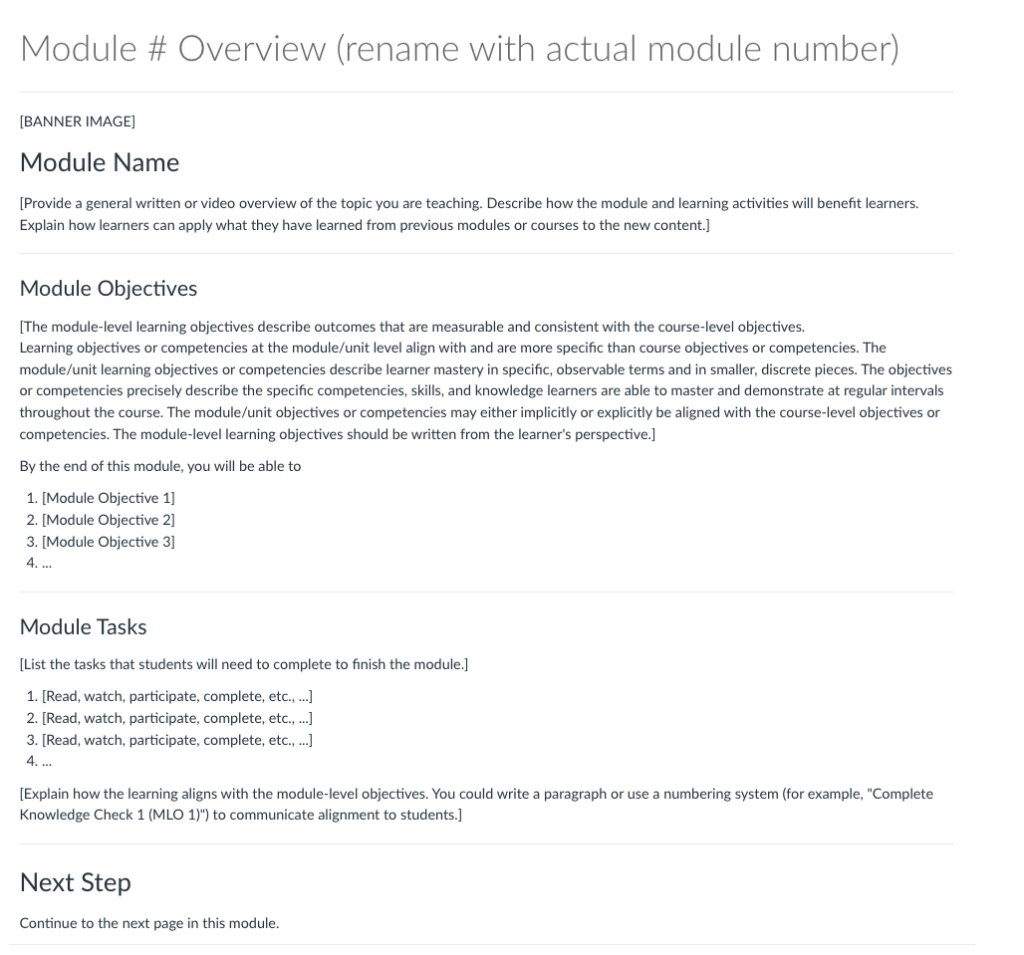 Module Overview Page template with sections for a module description, Module Objectives, Module Tasks, and Next Steps.
