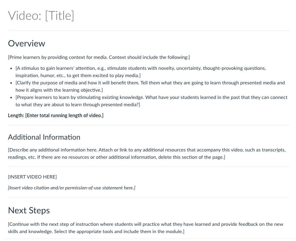 Video Page Template with sections for an overview of the video, additional information, and next steps.