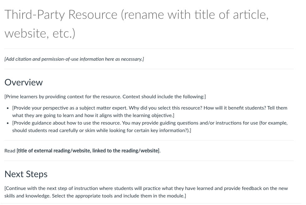 Third-Party Resource page template with a section for an overview and one for next steps.