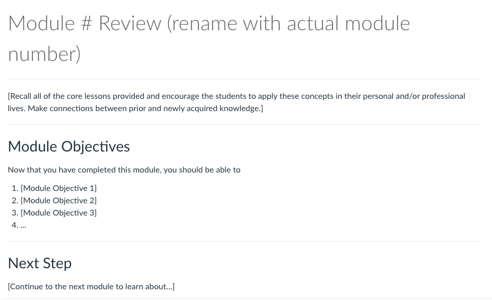 Module Review page template with sections to recall lessons learned, module objectives, and next steps.