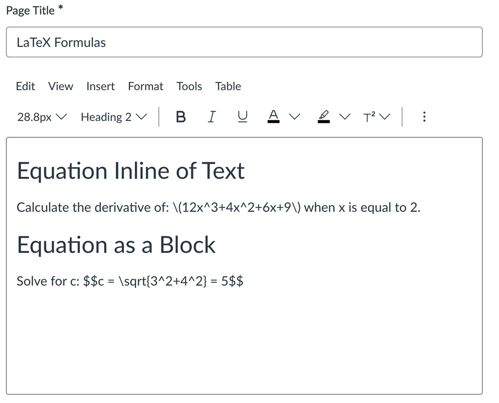 Canvas Rich Content Editor showing unrendered LaTeX syntax for inline and block equation examples before saving.