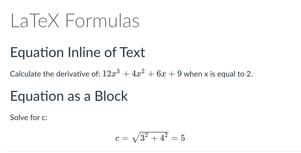 Published Canvas page showing the same LaTeX code rendered as formatted mathematical notation, inline and in a block.