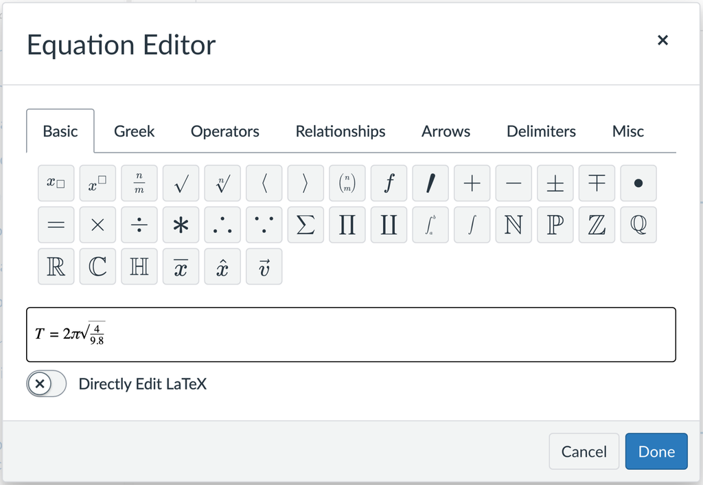 Equation Editor pop-up with symbol category tabs and the equation T = 2π√(4/9.8) entered in the textbox.