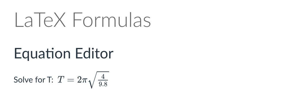 Canvas page showing the equation T = 2π√(4/9.8) rendered after being inserted with the Equation Editor.