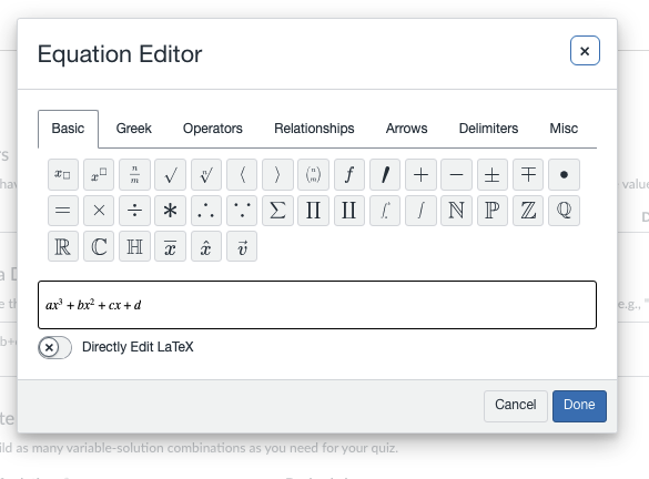 The Equation editor with a formula created by symbols and letters.