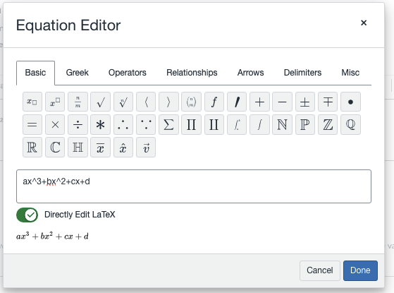 The Equation Editor with the LaTeX code of the formula.