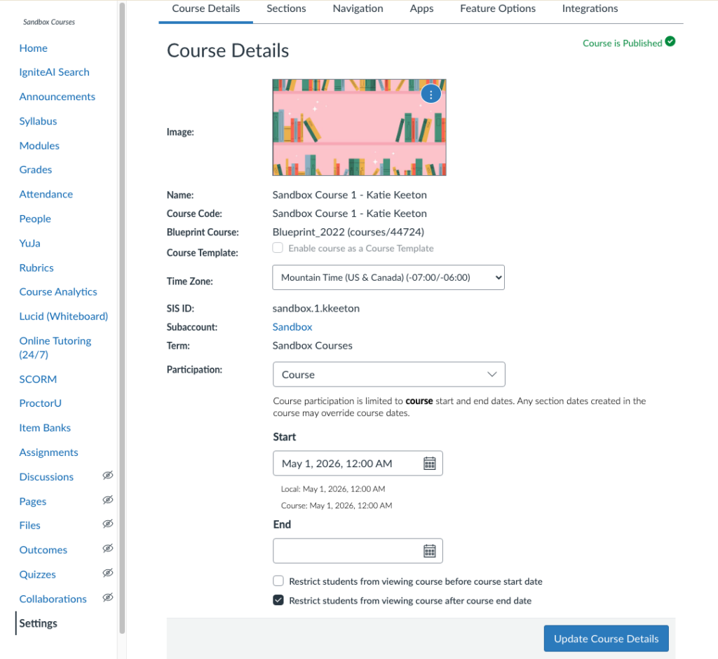 View of course settings with a Start date of May 1st and the Restrict students from viewing setting unchecked.