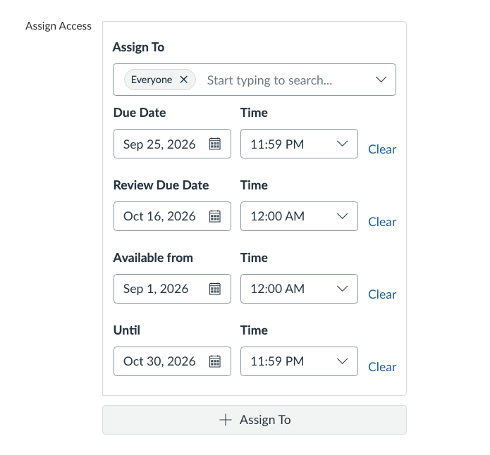 Assign Access Settings on Assignment settings page showing the parent assignment due date as Sep. 25, and the review Due Date as Oct. 16, with the Until date set at Oct. 30.