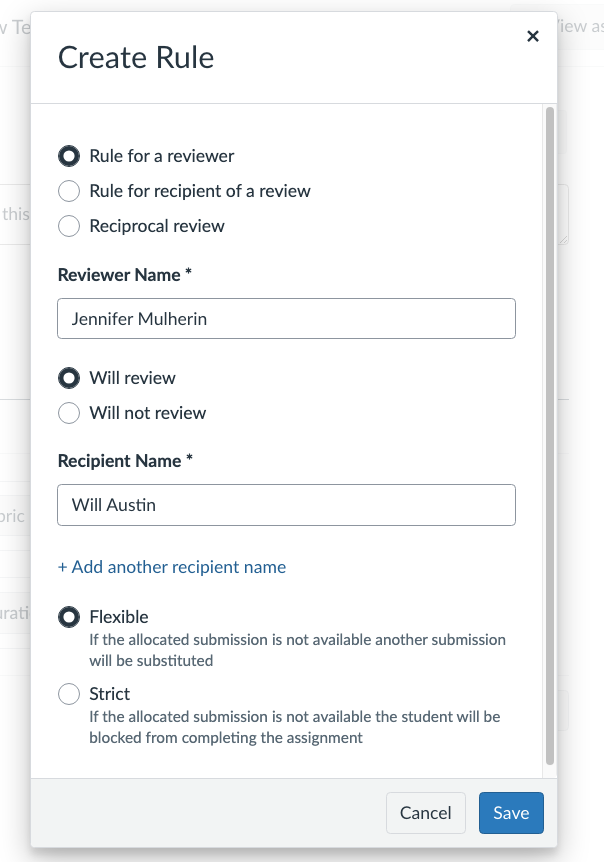 The Create Rule pop-up window showing a flexible rule for a reviewer, showing that the reviewer will review the recipient selected.