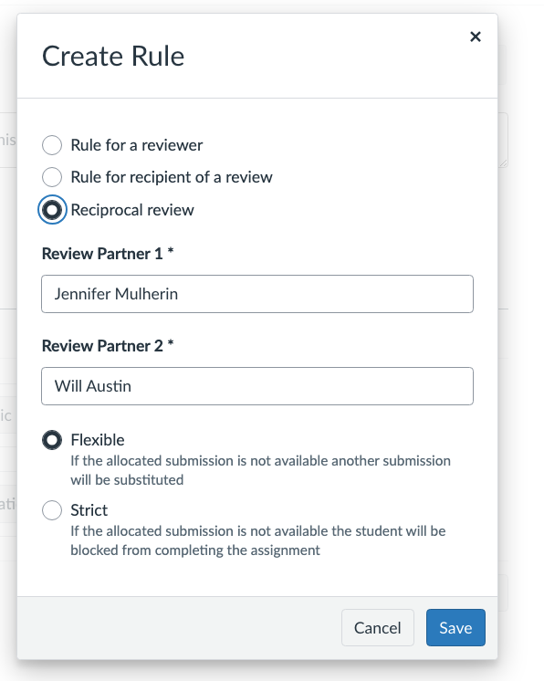 The Create Rule pop-up window showing a flexible reciprocal review with student names under Review Parter 1 and Review Partner 2.