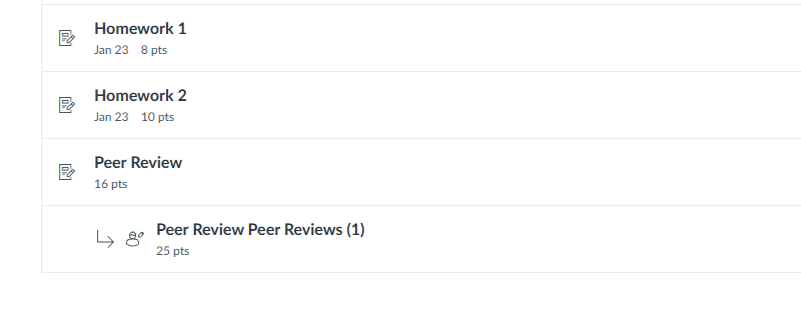View of part of a module showing the Peer Review assignment indented with an arrow underneath the parent assignment.