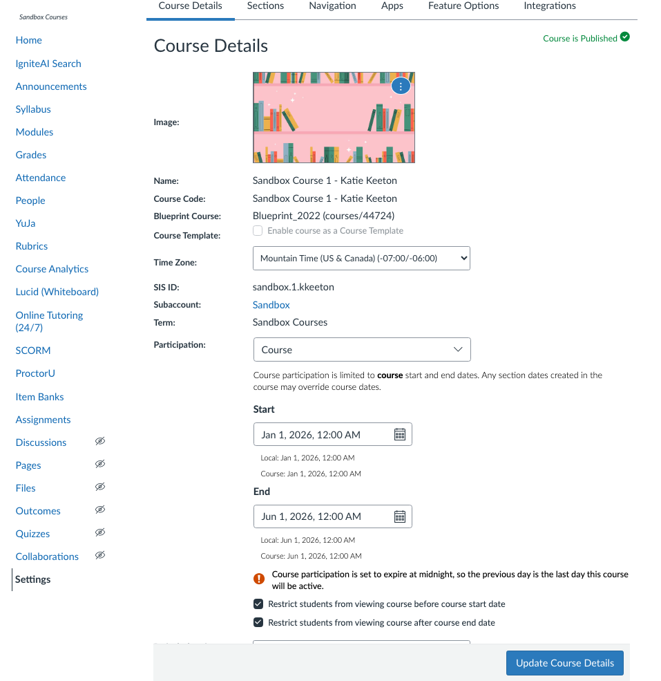 Course settings showing an start and end date and both restrictive settings turned on.