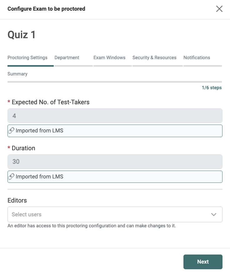 Proctoring Settings window showing number of test-takers and durations grayed out.
