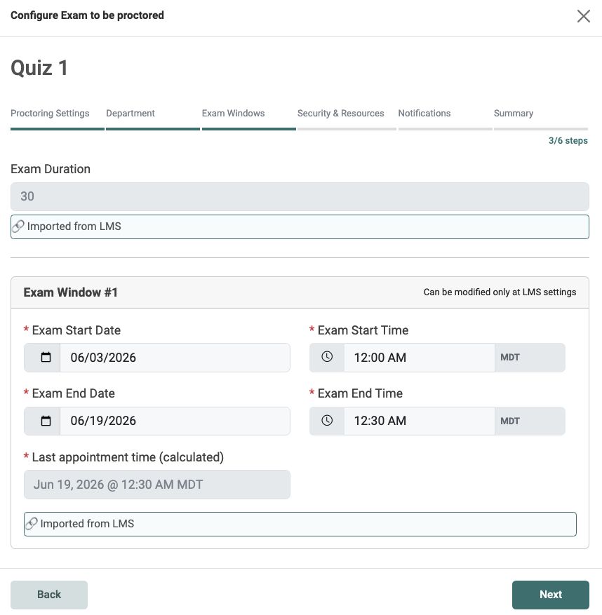 Exam Windows window with exam duration and exam window imported from LMS and greyed out.