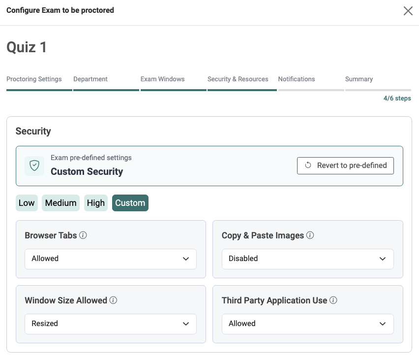 Security & Resources window showing the custom security settings.