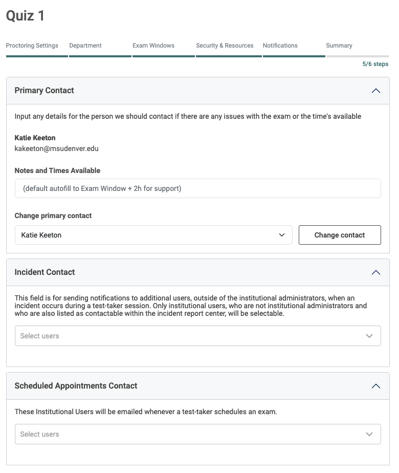 Notifications window showing email and primary contact already filled out, and fields to enter additional notification settings.