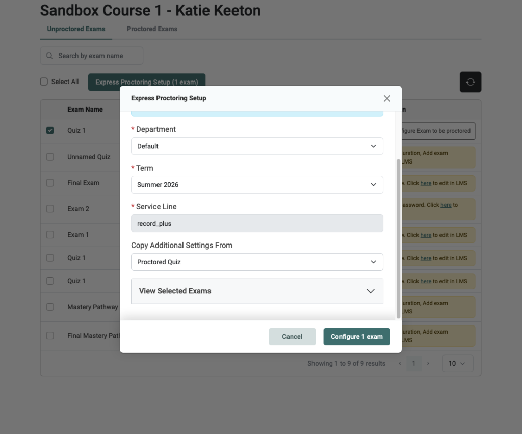 Express Proctoring Setup window with department, term, and Copy Additional Settings From fields.