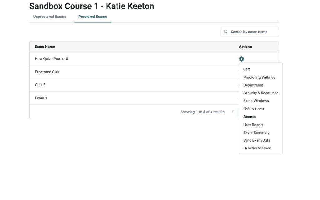 Proctored Exam view from the ProctorU Canvas integration showing the dropdown menu with edit and access options.