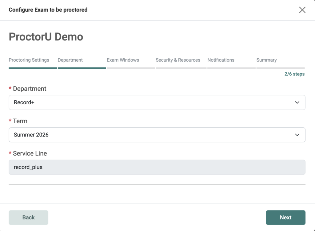 The Department Settings window displaying the Record+ as the selected department, and Summer 2026 as the selected Term.