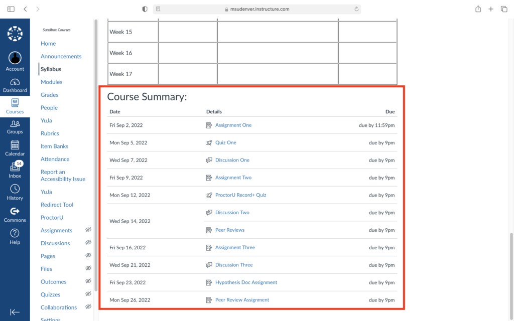 The course summary at the bottom of the Syllabus page in Canvas is outlined.
